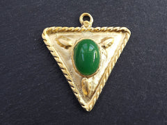 Tribal Triangle Geometric Pendant with Green Glass Accent Rustic Cast - 22k Matte Gold Plated