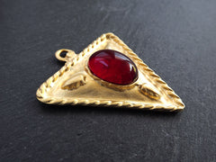 Tribal Triangle Geometric Pendant with Red Glass Accent Rustic Cast - 22k Matte Gold Plated