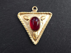 Tribal Triangle Geometric Pendant with Red Glass Accent Rustic Cast - 22k Matte Gold Plated