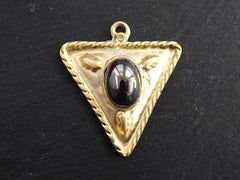 Tribal Triangle Geometric Pendant with Black Silver Glass Accent Rustic Cast - 22k Matte Gold Plated