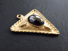 Tribal Triangle Geometric Pendant with Black Silver Glass Accent Rustic Cast - 22k Matte Gold Plated