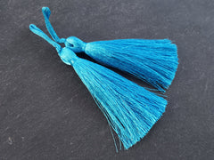 Long Maui Blue Silk Thread Tassels -  3 inches - 77mm  - 2 pc