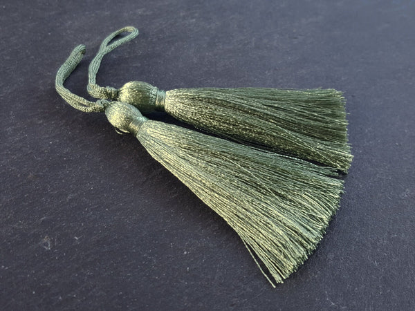 Long Pale Olive Green Silk Thread Tassels -  3 inches - 77mm  - 2 pc