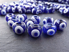 10 Blue Glass Evil Eye Beads, Chunky Rondelle Artisan Handmade Lucky Protective Navy Nazar Beads, 10x12mm