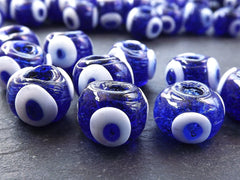 10 Blue Glass Evil Eye Beads, Chunky Rondelle Artisan Handmade Lucky Protective Navy Nazar Beads, 10x12mm