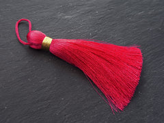 Extra Large Thick Raspberry Red Thread Tassels - Gold Metallic Band - 4.4 inches - 113mm - 1 pc