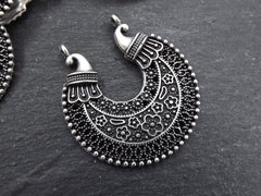 Large Exotic Filigree Chandelier Earring Component Pendant with Two loops Floral Detail - Matte Antique Silver Plated