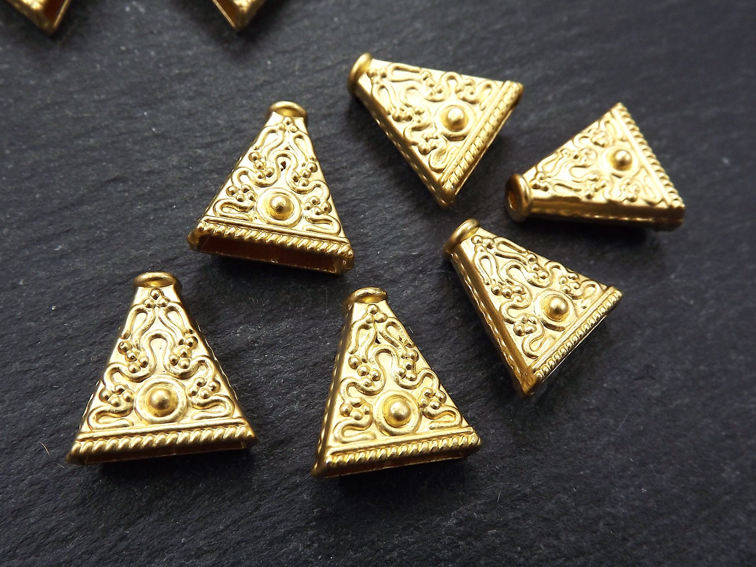 6 Ornate Detailed Flat Cone Bead End Caps -  22k Matte Gold Plated Bead caps