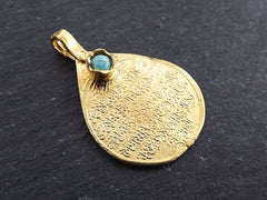 Teardrop Medallion Pendant with Turquoise Stone Accent - Arabic Calligraphy - 22k Matte Gold Plated - 1pc