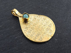 Teardrop Medallion Pendant with Turquoise Stone Accent - Arabic Calligraphy - 22k Matte Gold Plated - 1pc