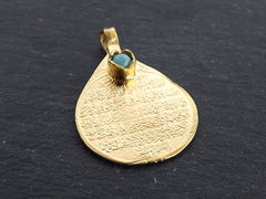 Teardrop Medallion Pendant with Turquoise Stone Accent - Arabic Calligraphy - 22k Matte Gold Plated - 1pc