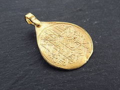 Teardrop Medallion Pendant with Turquoise Stone Accent - Arabic Calligraphy - 22k Matte Gold Plated - 1pc