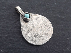 Teardrop Medallion Pendant with Turquoise Stone Accent, Arabic Calligraphy, Matte Antique Silver Plated - 1pc