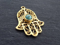 Filigree Hand of Fatima Hamsa Pendant Charm with Smooth Turquoise Stone Accent - 22k Matte Gold Plated