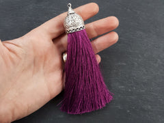 Extra Large Thick Burgundy Silk Thread Tassel Pendant Ornate Silver Plated Cap Ethnic Boho Jewelry Supplies - 4.6 inches - 117mm - 1 pc