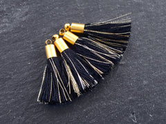 Mini Black Metallic Gold Tassel Charms, Earring Bracelet Tassel, Black Thread, Boho Fringe, 22k Matte Gold Plated Cap, 26mm, 4pc