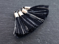 Mini Black Metallic Silver Thread Tassels, Earring Tassel, Bracelet Tassel, Black Tassel, Boho Fringe Antique Silver Plated Cap - 26mm - 4pc