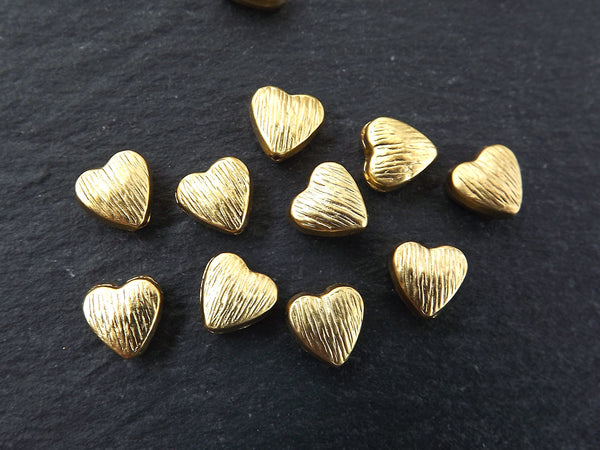 10 Textured Heart Bead Spacers - 22k Matte Gold Plated