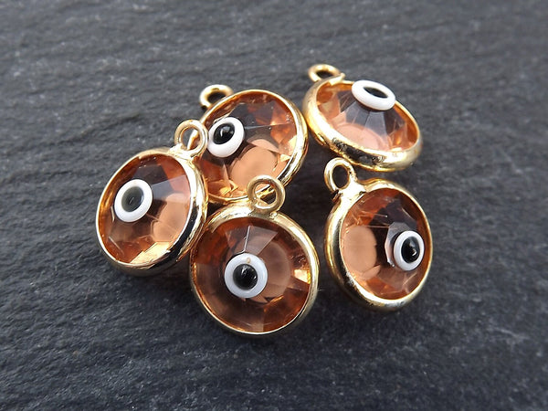 5 Peach Orange Evil Eye Nazar Crystal Charms - Gold Plated Brass Bezel