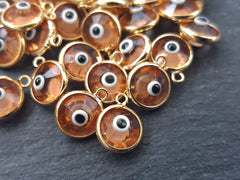 5 Peach Orange Evil Eye Nazar Crystal Charms - Gold Plated Brass Bezel