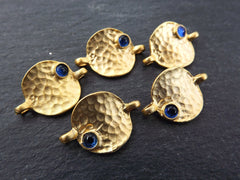 5 Rustic Cast Hammered Warped Disc Charm Connectors with Blue Glass Accent - 22k Matte Gold Plated