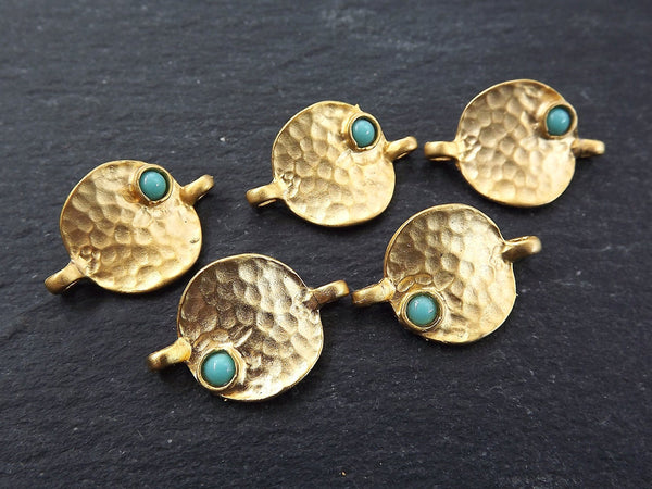 5 Rustic Cast Hammered Warped Disc Charm Connectors with Turquoise Glass Accent, Gold Charm, Bracelet Charm, Boho - 22k Matte Gold Plated