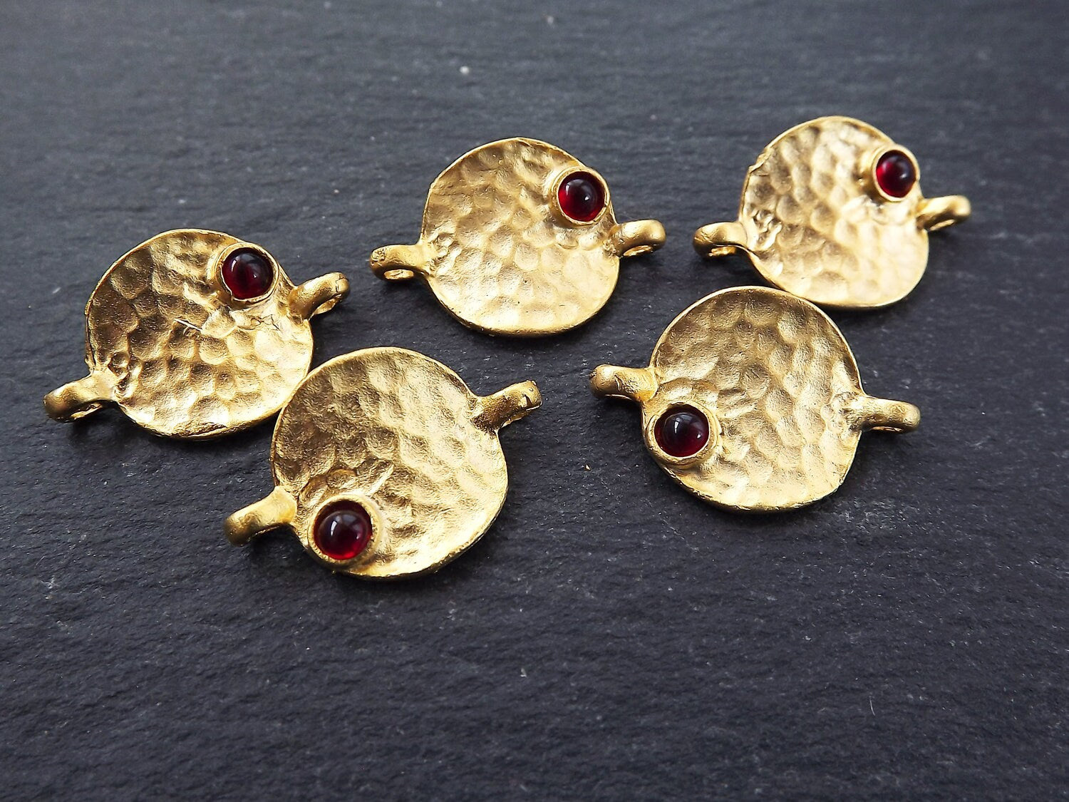 5 Rustic Cast Hammered Warped Disc Charm Connectors with Red Glass Accent - 22k Matte Gold Plated