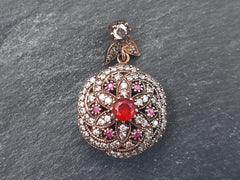 Turkish Round Pendant Ruby Red Clear Crystal Accents, Petal Bail, Ethnic Pendant, Focal Pendant - Sterling Silver Antique Bronze - 1PC