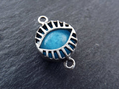 Blue Evil Eye Jade Stone Connector Charm, Evil Eye Pendant, Evil Eye Charm, Necklace Pendant, Lucky, Protective - Antique Silver Plated
