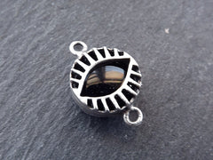 Black Evil Eye Jade Onyx Connector Charm, Evil Eye Pendant, Evil Eye Charm, Necklace Pendant, Lucky, Protective - Antique Silver Plated