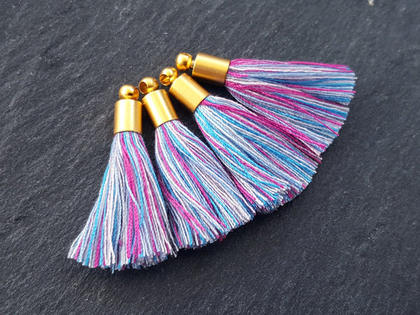 Blue Pink Multi color Mini Tassels, Tassel Charm, Earring Tassel, Blue Tassels, Multicolor Tassel, Cotton 22k Matte Gold Plated 26mm 4pc NEW