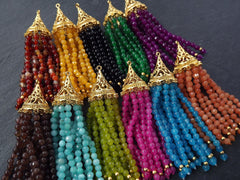 Blue Beaded Tassel Tassel, Curacao Blue Jade Stone Bead Pendant, Necklace Tassel, Mala Tassel, Handbag Tassel, 22K Matte Gold Cap 1pc