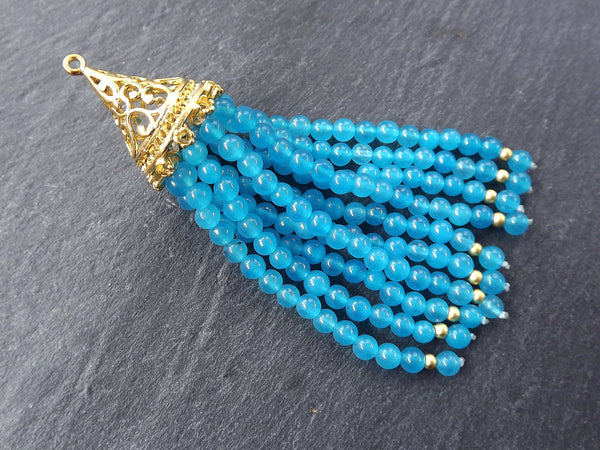 Blue Beaded Tassel Tassel, Curacao Blue Jade Stone Bead Pendant, Necklace Tassel, Mala Tassel, Handbag Tassel, 22K Matte Gold Cap 1pc