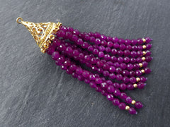 Purple Beaded Tassel Pendant, Necklace Tassel, Mala Tassel, Handbag Tassel, Jade Gemstone, Filigree 22K Matte Gold Cap, 1pc