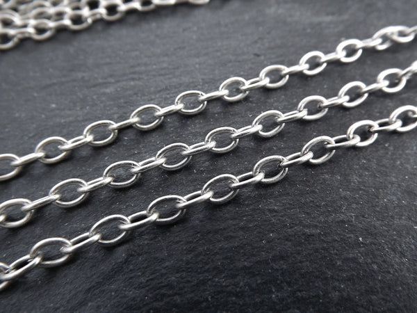 5mm Silver Cable Chain, Silver Chain, Oval Link Chain, Necklace Chain, Bracelet Chain, Matte Antique Silver Plated - 1 Meter  or 3.3 Feet