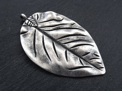 Large Silver Leaf Pendant, Necklace Focal Pendant, Fall Jewelry, Metal Leaf Pendant, Bohemian Pendant, Matte Antique Silver Plated 1PC