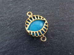 Blue Evil Eye Charm Jade Stone Connector, Evil Eye Pendant, Caged Evil Eye, Necklace Pendant, Lucky, Protective - 22k Matte Gold Plated