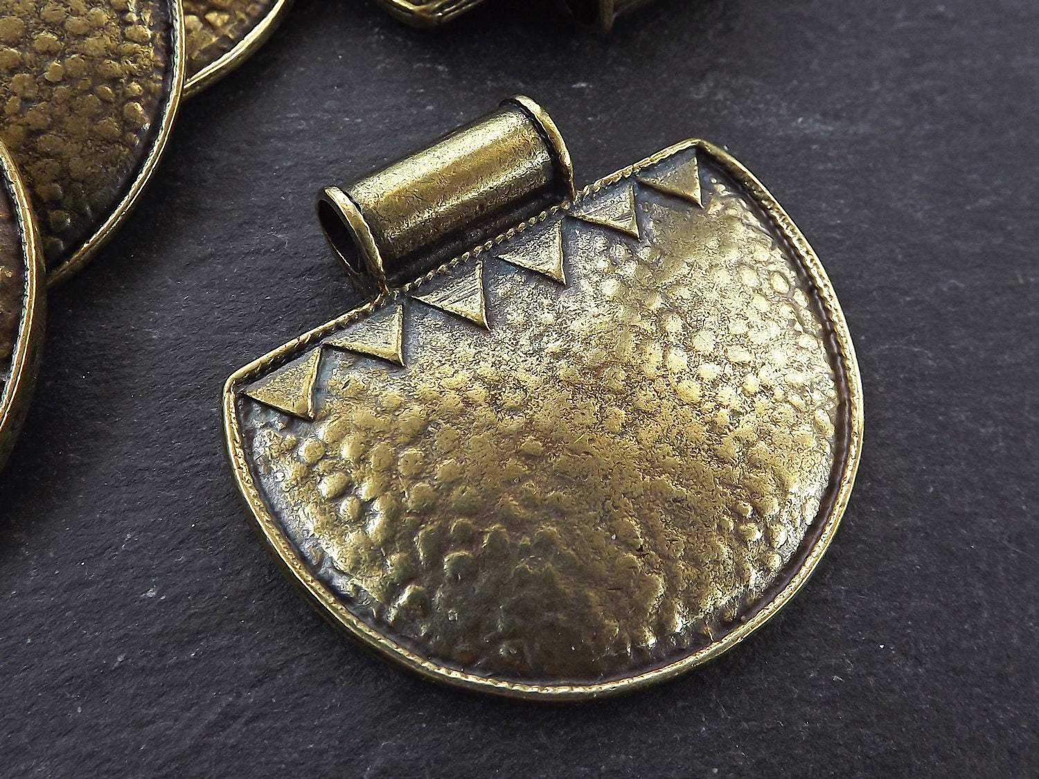 Extra Large Semi Circular Hammered Tribal Pendant Half Circle with Triangle Pattern Antique Bronze Plated Turkish Jewelry Supplies