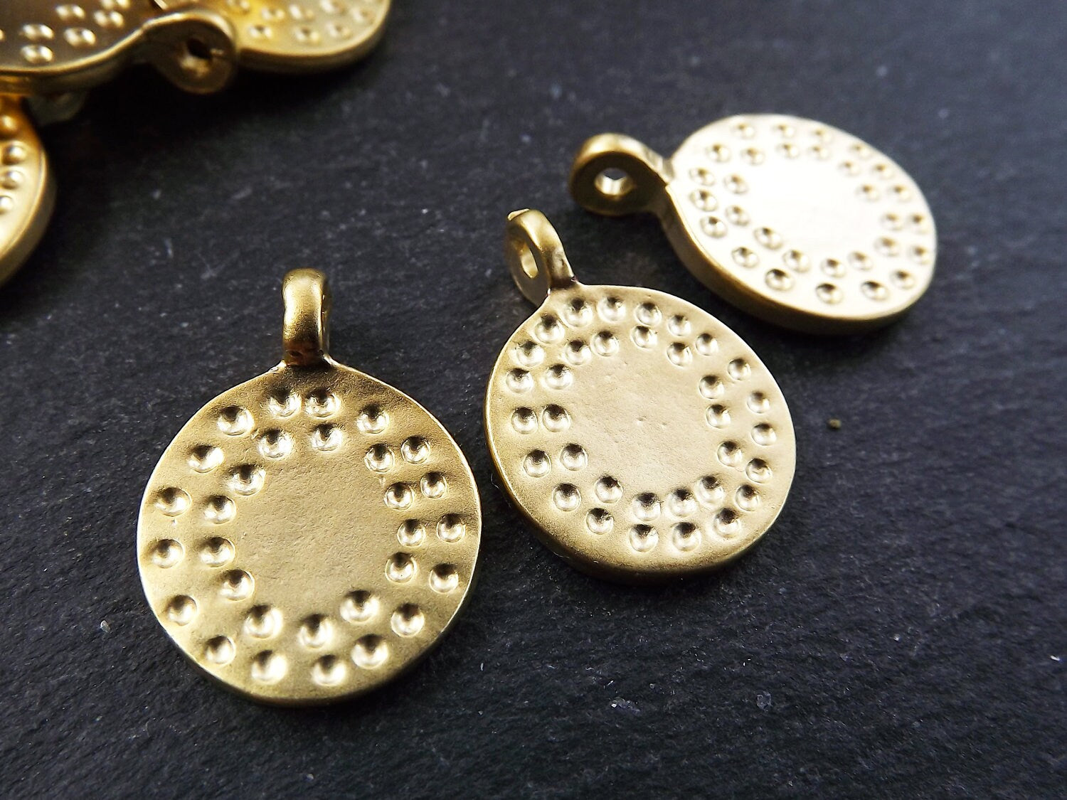 3 Small Dotted Round Gold Disc Pendants with Side Facing Loop Ethnic Pendant Bracelet Charm Zen Yoga Jewelry Supplies 22k Matte Gold Plated