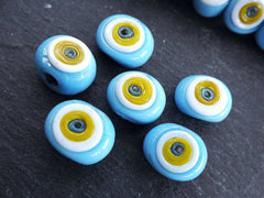6 Light Sky Blue Artisan Handmade Glass Evil Eye Nazar Medium Bead with Yellow Iris - 16 mm - VALUE PACK