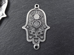 Evil Eye Heart Fish Motif Hamsa Hand of Fatima Pendant Connector Matte Antique Silver Plated - 1PC