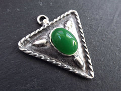 Tribal Triangle Geometric Pendant Green Glass Accent Rustic Cast - Matte Antique Silver Plated