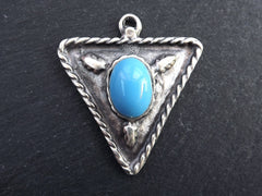 Tribal Triangle Geometric Pendant with Pale Blue Glass Accent Rustic Cast - Matte Antique Silver Plated