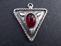 Silver Triangle Pendant, Red Glass Accent, Tribal Pendant, Geometric Pendant, Rustic Pendant, Ethnic Pendant, Matte Antique Silver Plated