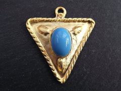 Tribal Triangle Geometric Pendant with Pale Blue Glass Accent Rustic Cast - 22k Matte Gold Plated