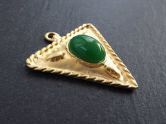 Tribal Triangle Geometric Pendant with Green Glass Accent Rustic Cast - 22k Matte Gold Plated