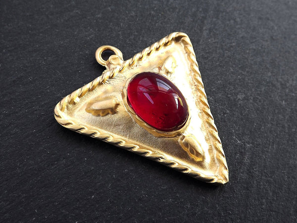 Tribal Triangle Geometric Pendant with Red Glass Accent Rustic Cast - 22k Matte Gold Plated