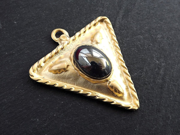 Tribal Triangle Geometric Pendant with Black Silver Glass Accent Rustic Cast - 22k Matte Gold Plated