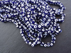 10 Blue Glass Evil Eye Beads, Chunky Rondelle Artisan Handmade Lucky Protective Navy Nazar Beads, 10x12mm