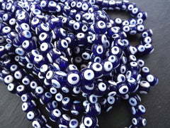 10 Blue Glass Evil Eye Beads, Chunky Rondelle Artisan Handmade Lucky Protective Navy Nazar Beads, 10x12mm